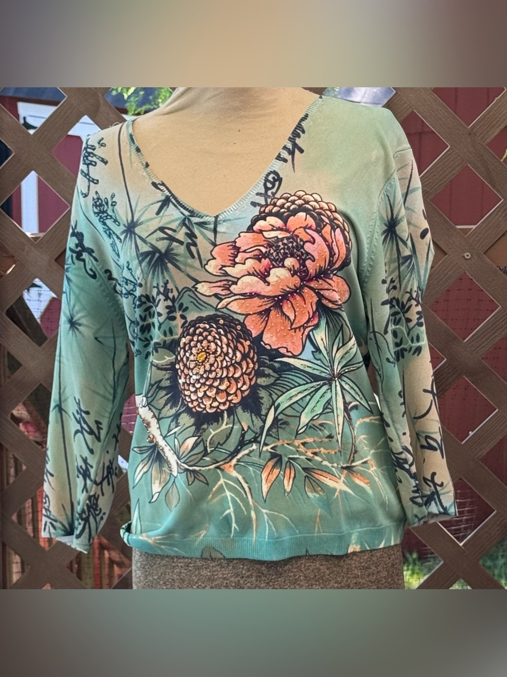 Vertigo Paris knit Floral V-Neck Women's Top in Teal and Coral with beads